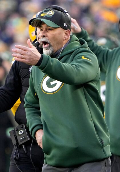 Jan 1, 2023; Green Bay, Wisconsin, USA; Green Bay Packers special teams coordinator Rich Bisaccia yells at his players during the first quarter of their game against the Minnesota Vikings at Lambeau Field. Mandatory Credit: Mark Hoffman-USA TODAY Sports