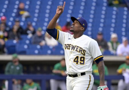 Feb 26, 2023; Phoenix, Arizona, USA; Milwaukee Brewers relief pitcher Thyago Vieira (49) reacts after the third out of the fourth inning of a spring training game against the Oakland Athletics at American Family Fields of Phoenix. Mandatory Credit: Jayne Kamin-Oncea-USA TODAY Sports