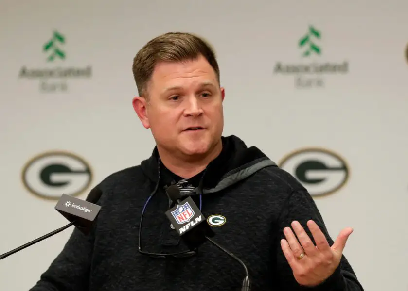 Green Bay Packers general manager Brian Gutekunst speaks to media during a pre-draft press conference on April 24, 2023, at Lambeau Field in Green Bay, Wis. © Sarah Kloepping/USA TODAY NETWORK-Wisconsin / USA TODAY NETWORK