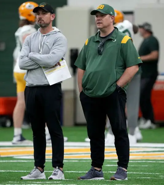 Green Bay Packers head coach Matt LaFleur, left, talks with general manager Brian Gutekunst during organized team activities Tuesday, May 23, 2023 in Green Bay, Wis.