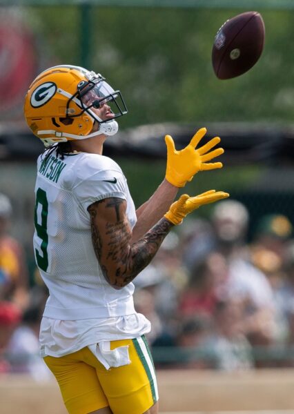 Green Bay Packers wide receiver Christian Watson catches a pass during practice on Monday, July 31, 2023, at Ray Nitschke Field in Green Bay, Wis. © Tork Mason/USA TODAY NETWORK-Wisconsin / USA TODAY NETWORK