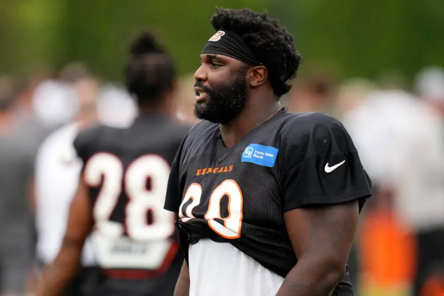 Cincinnati Bengals defensive tackle DJ Reader (98) takes the field during a joint practice between the Green Bay Packers and the Cincinnati Bengals, Wednesday, Aug. 9, 2023, at the practice fields next to Paycor Stadium in Cincinnati. © Kareem Elgazzar/The Enquirer / USA TODAY NETWORK
