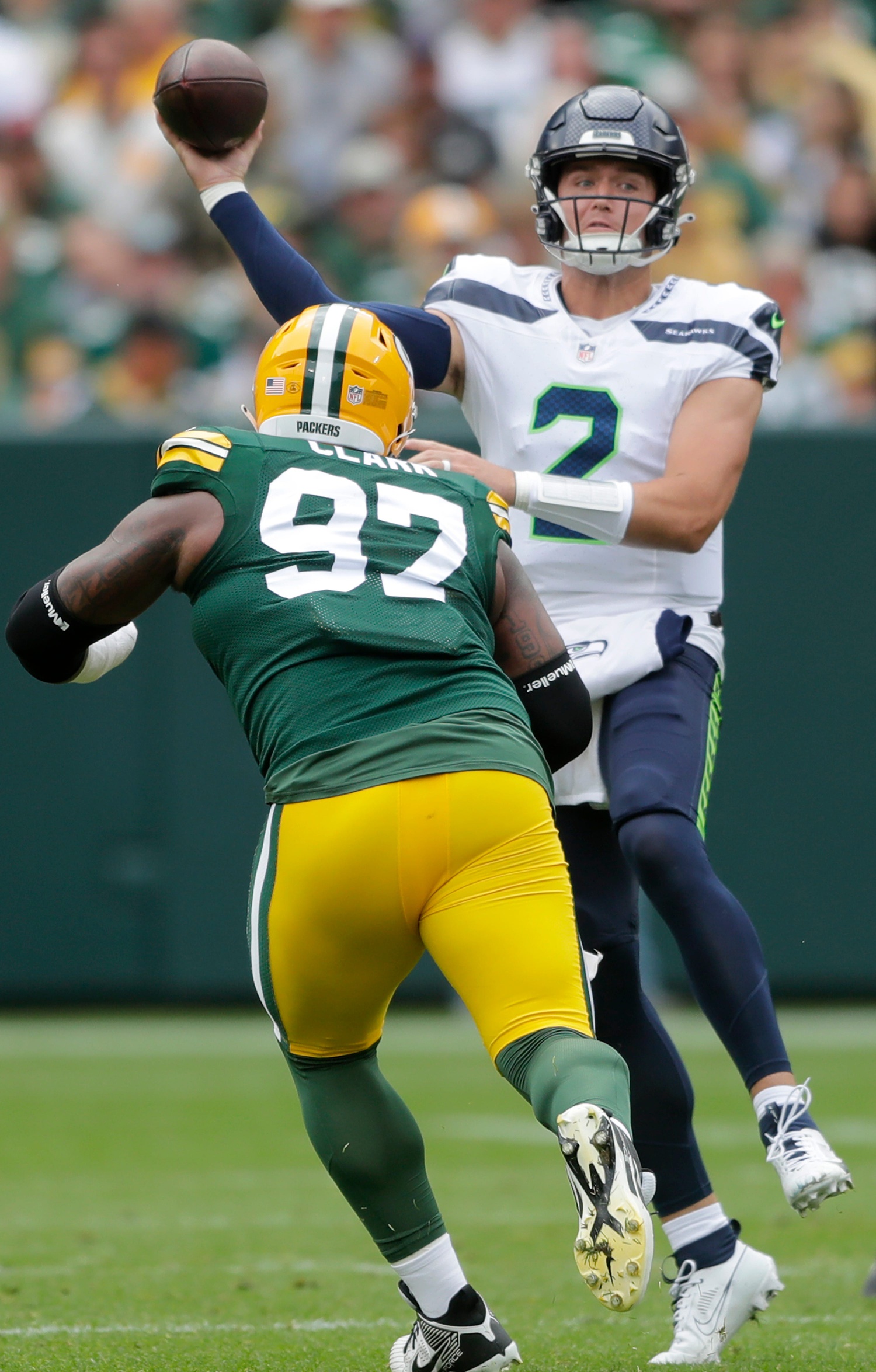 Green Bay Packers defensive tackle Kenny Clark (97) pressurers Seattle Seahawks quarterback Drew Lock (2) during their preseason football game Saturday, August 26, 2023, at Lambeau Field in Green Bay, Wis. Green Bay defeated Seattle 19-15. Wm. Glasheen USA TODAY NETWORK-Wisconsin