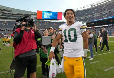Green Bay Packers quarterback Jordan Love (10) is all smiles after their 38-20 win over the Chicago Bears on Sunday, Sept. 10, 2023 at Soldier Field in Chicago. © Mike De Sisti / Milwaukee Journal Sentinel / USA TODAY NETWORK