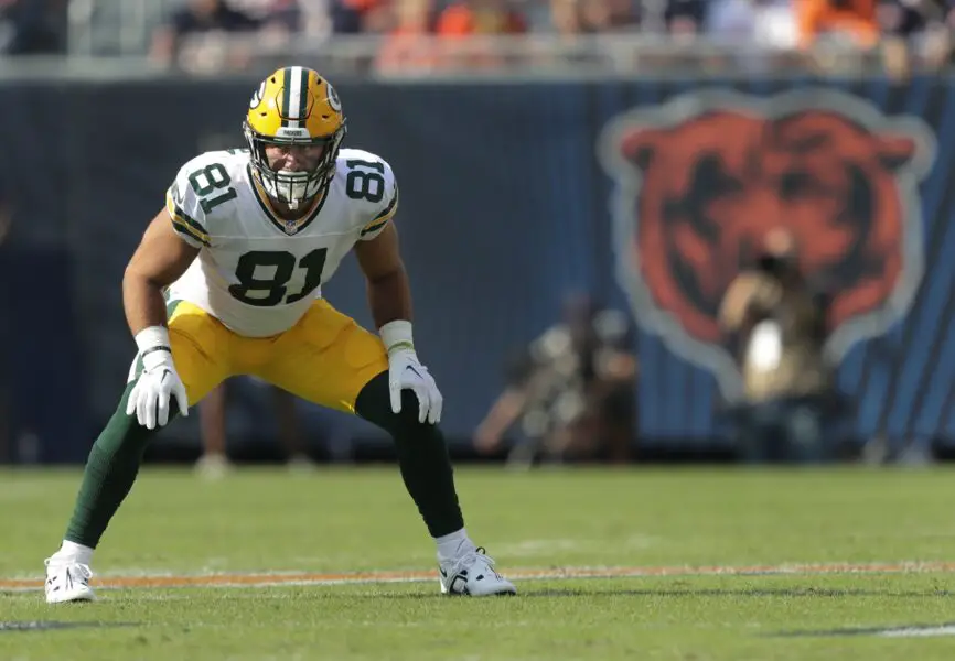 Sep 10, 2023; Chicago, Illinois, USA; Green Bay Packers tight end Josiah Deguara (81) is ready for a kick off against the Chicago Bears at Soldier Field. Mandatory Credit: Dan Powers-USA TODAY Sports