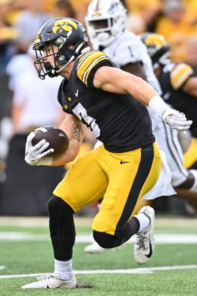 Sep 16, 2023; Iowa City, Iowa, USA; Iowa Hawkeyes defensive back Cooper DeJean (3) returns a punt against the Western Michigan Broncos during the second quarter at Kinnick Stadium. Mandatory Credit: Jeffrey Becker-USA TODAY Sports