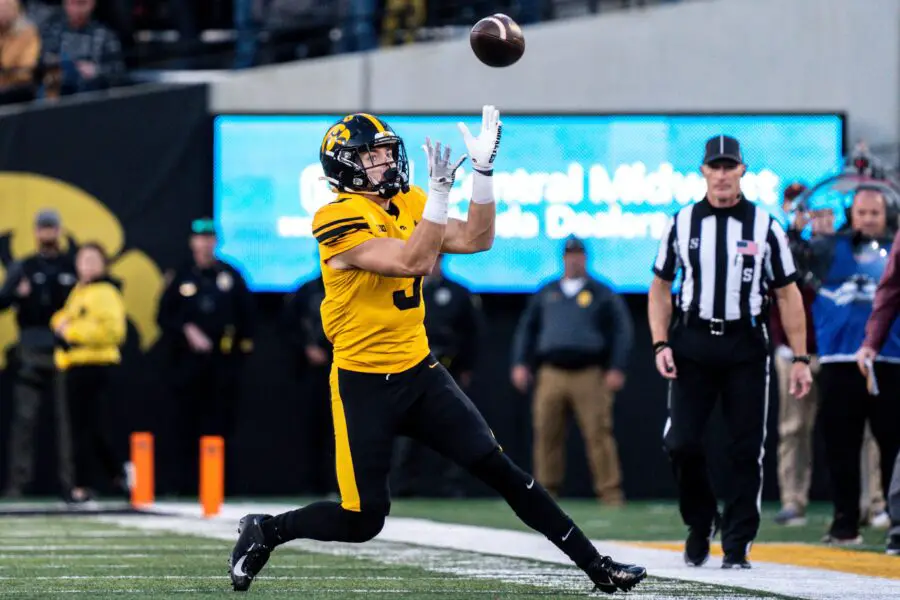 Iowa defensive back Cooper DeJean (3) catches a punt at Kinnick Stadium on Saturday, October 21, 2023 in Iowa City. DeJean returned the punt for a touchdown and it was later called back after review ruled he fair-caught the punt. © Lily Smith/The Register / USA TODAY NETWORK