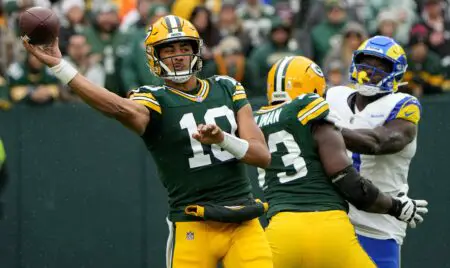 Green Bay Packers quarterback Jordan Love (10) throws a pass during the first quarter of their game against the Los Angeles Rams at Lambeau Field Sunday, November 5, 2023 in Green Bay, Wisconsin.Mark Hoffman/Milwaukee Journal Sentinel