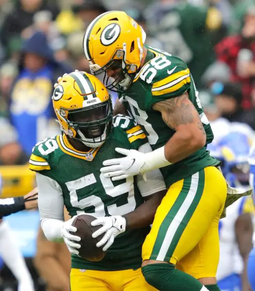 Green Bay Packers linebacker De'Vondre Campbell (59) celebrates his fumble recovery with linebacker Isaiah McDuffie (58) during their football game Sunday, November 5, 2023, at Lambeau Field in Green Bay, Wis. Dan Powers/USA TODAY NETWORK-Wisconsin.