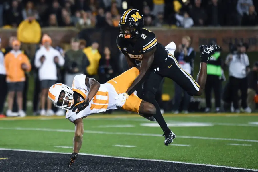 The ball is thrown past Tennessee wide receiver Squirrel White (10) while covered by Missouri defensive back Ennis Rakestraw, Jr. (2) during an NCAA college football game on Saturday, November 11, 2023 in Columbia, MO. © Saul Young/News Sentinel / USA TODAY NETWORK (Green Bay Packers)