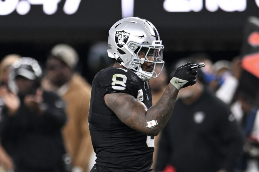 Nov 12, 2023; Paradise, Nevada, USA; Las Vegas Raiders running back Josh Jacobs (8) reacts to a first down against the New York Jets in the fourth quarter at Allegiant Stadium. Mandatory Credit: Candice Ward-USA TODAY Sports