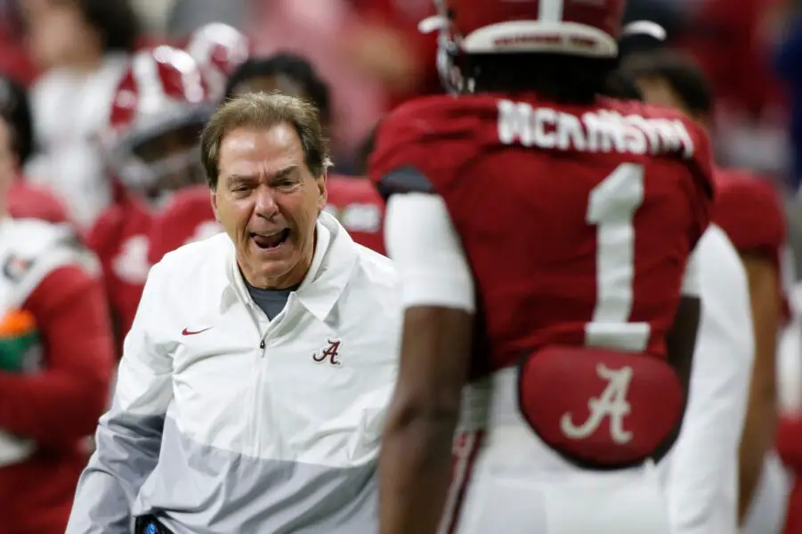 Alabama Crimson Tide coach Nick Saban yells at Alabama defensive back Kool-Aid McKinstry (1) after he drew a pass interference call during the College Football Playoff National Championship against Georgia on Monday, Jan. 10, 2022, at Lucas Oil Stadium in Indianapolis. Georgia won 33-18. © Joshua L. Jones / USA TODAY NETWORK (Green Bay Packers)