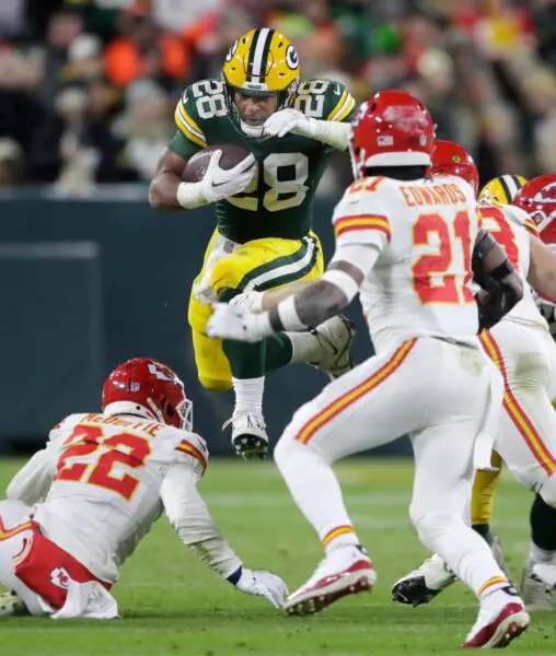 Green Bay Packers running back AJ Dillon (28) against the Kansas City Chiefs during their football game Sunday, December 3, 2023, at Lambeau Field in Green Bay, Wis. Wm. Glasheen USA TODAY NETWORK-Wisconsin