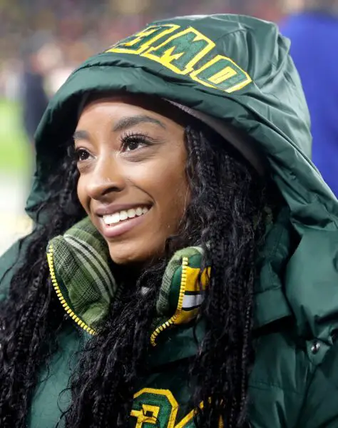 Simone Biles before the Green Bay Packers take on the Kansas City Chiefs during their football game Sunday, December 3, 2023, at Lambeau Field in Green Bay, Wis. Wm. Glasheen USA TODAY NETWORK-Wisconsin
