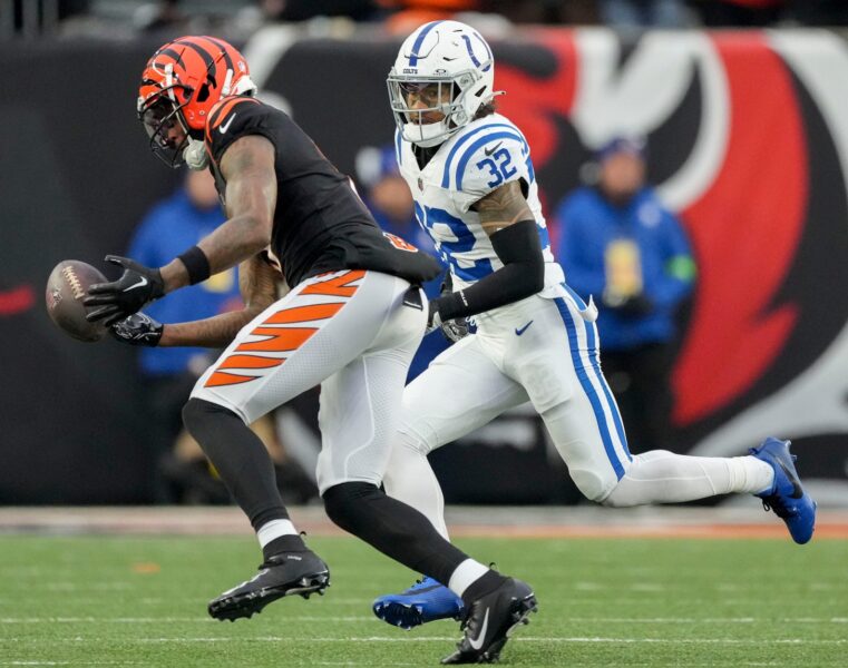 A pass intended for Cincinnati Bengals wide receiver Tee Higgins (5) goes incomplete as Indianapolis Colts safety Julian Blackmon (32) gives chase Sunday, Dec. 10, 2023, during a game against the Cincinnati Bengals at Paycor Stadium in Cincinnati. © Robert Scheer/IndyStar / USA TODAY NETWORK