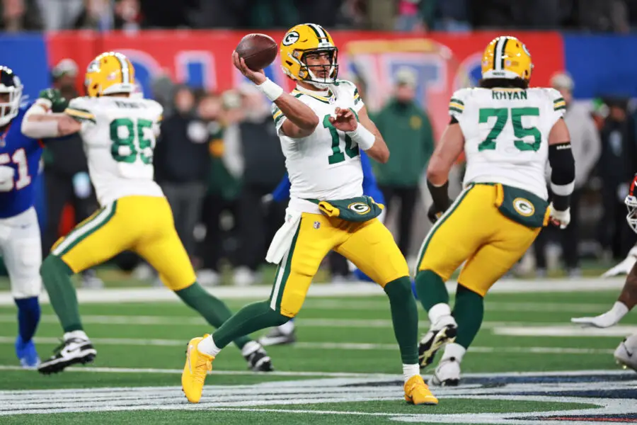 Dec 11, 2023; East Rutherford, New Jersey, USA; Green Bay Packers quarterback Jordan Love (10) throws a pass during the second quarter against the New York Giants at MetLife Stadium. Mandatory Credit: Vincent Carchietta-USA TODAY Sports