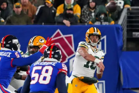 Dec 11, 2023; East Rutherford, New Jersey, USA; Green Bay Packers quarterback Jordan Love (10) throws a pass during the fourth quarter against the New York Giants at MetLife Stadium. Mandatory Credit: Robert Deutsch-USA TODAY Sports