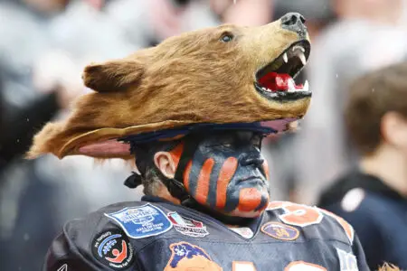 Dec 17, 2023; Cleveland, Ohio, USA; A Chicago Bears fan watches warm ups before the game between the Bears and the Cleveland Browns at Cleveland Browns Stadium. Mandatory Credit: Ken Blaze-USA TODAY Sports