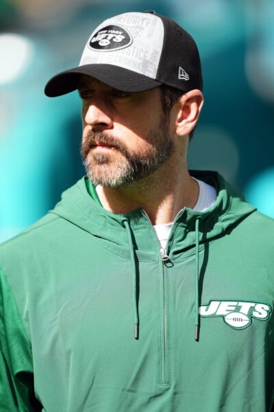 Dec 17, 2023; Miami Gardens, Florida, USA; New York Jets quarterback Aaron Rodgers (8) walks onto the field prior to the game against the Miami Dolphins at Hard Rock Stadium. Mandatory Credit: Jasen Vinlove-USA TODAY Sports (Green Bay Packers)