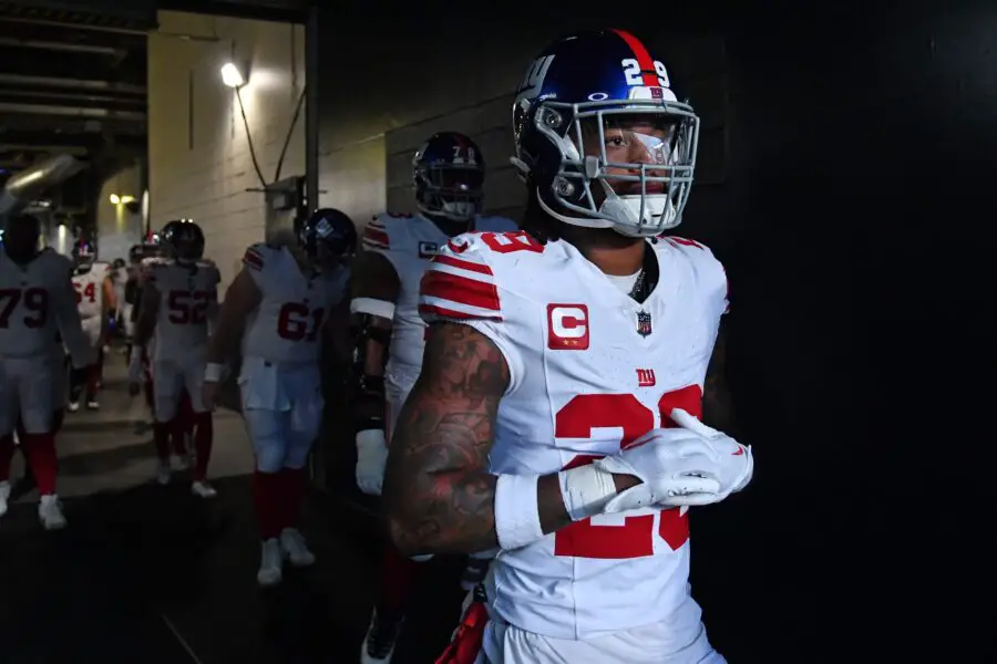 Dec 25, 2023; Philadelphia, Pennsylvania, USA; New York Giants safety Xavier McKinney (29) in the tunnel against the Philadelphia Eagles at Lincoln Financial Field. Mandatory Credit: Eric Hartline-USA TODAY Sports