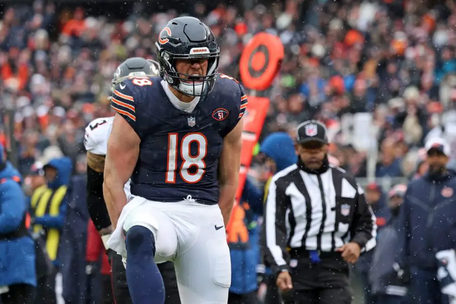 Dec 31, 2023; Chicago, Illinois, USA; Chicago Bears tight end Robert Tonyan (18) reacts after a catch against the Atlanta Falcons during the first half at Soldier Field. Mandatory Credit: Mike Dinovo-USA TODAY Sports (Green Bay Packers)