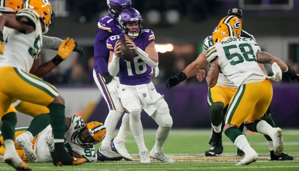 Minnesota Vikings quarterback Jaren Hall (16) is pressured by the Green Bay Packers defense during the second quarter of their game Sunday, December 31, 2023 at U.S. Bank Stadium in Minneapolis, Minnesota. © Mark Hoffman/Milwaukee Journal Sentinel / USA TODAY NETWORK