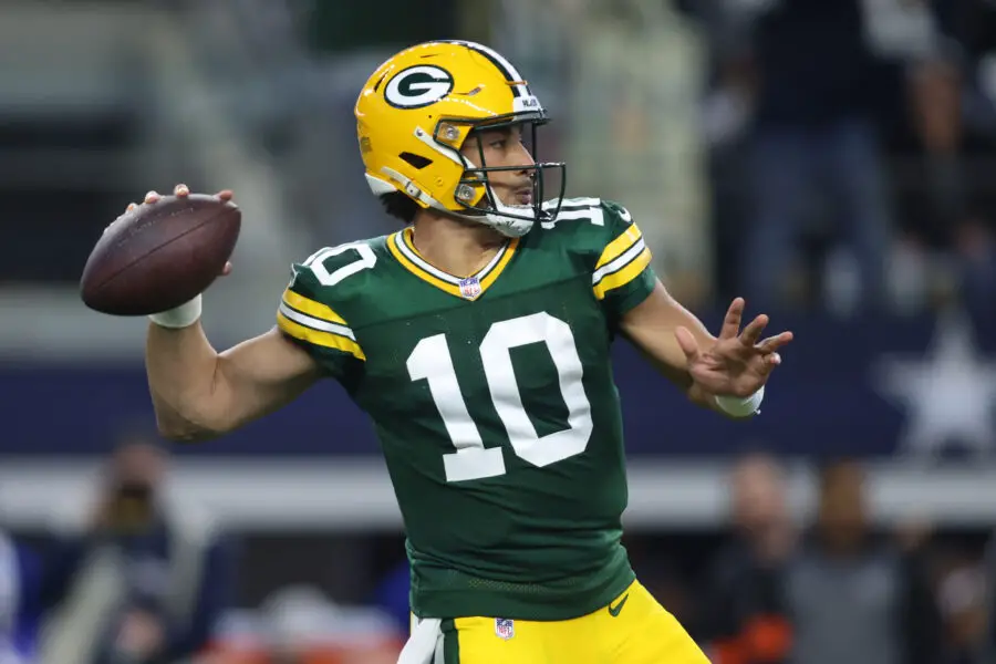 Jan 14, 2024; Arlington, Texas, USA;Green Bay Packers quarterback Jordan Love (10) drops back to pass against the Dallas Cowboys in the first quarter for the 2024 NFC wild card game at AT&T Stadium. Mandatory Credit: Tim Heitman-USA TODAY Sports