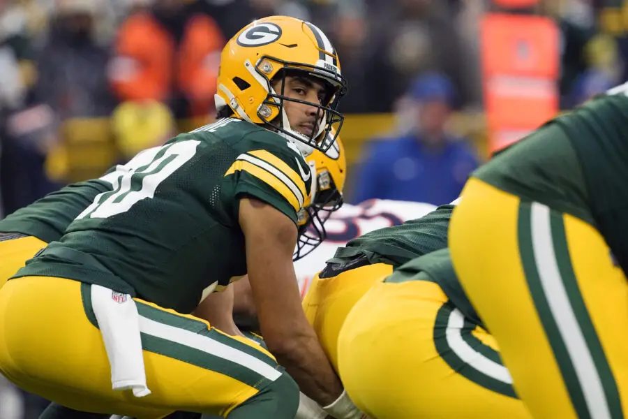 Jan 7, 2024; Green Bay, Wisconsin, USA; Green Bay Packers quarterback Jordan Love (10) during the game against the Chicago Bears at Lambeau Field. Mandatory Credit: Jeff Hanisch-USA TODAY Sports