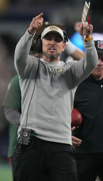 Green Bay Packers head coach Matt LaFleur reacts after his team scored a touchdown during the third quarter of the wild card playoff game against the Dallas Cowboys Sunday, January 14, 2024 at AT&amp;T Stadium in Arlington, Texas.