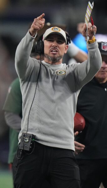 Green Bay Packers head coach Matt LaFleur reacts after his team scored a touchdown during the third quarter of the wild card playoff game against the Dallas Cowboys Sunday, January 14, 2024 at AT&T Stadium in Arlington, Texas. © Mark Hoffman/Milwaukee Journal Sentinel / USA TODAY NETWORK