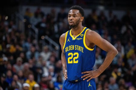 Feb 8, 2024; Indianapolis, Indiana, USA; Golden State Warriors forward Andrew Wiggins (22) in the first half against the Indiana Pacers at Gainbridge Fieldhouse. Mandatory Credit: Trevor Ruszkowski-USA TODAY Sports