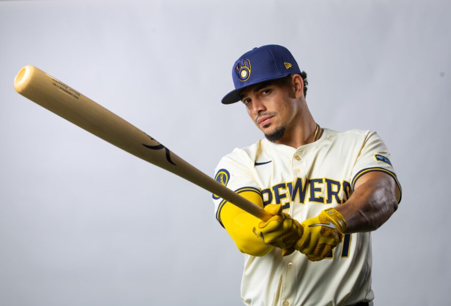 Feb 22, 2024; Phoenix, AZ, USA; Milwaukee Brewers infielder Willy Adames poses for a portrait during photo day at Maryvale Baseball Park. Mandatory Credit: Mark J. Rebilas-USA TODAY Sports (Los Angeles Dodgers)