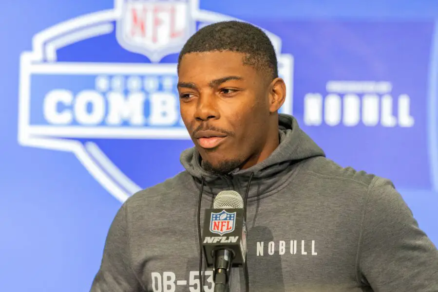 Feb 29, 2024; Indianapolis, IN, USA; Miami-Fl defensive back Kamren Kinchens (DB53) talks to the media during the 2024 NFL Combine at Lucas Oil Stadium. Mandatory Credit: Trevor Ruszkowski-USA TODAY Sports (Green Bay Packers)
