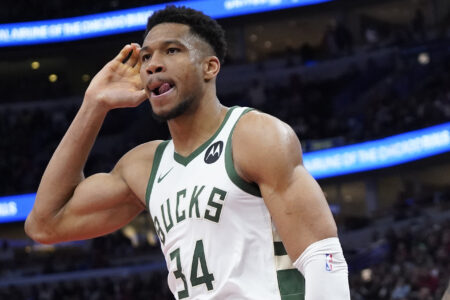 Mar 1, 2024; Chicago, Illinois, USA; Milwaukee Bucks forward Giannis Antetokounmpo (34) gestures after dunking the ball against the Chicago Bulls during the second half at United Center. Mandatory Credit: David Banks-USA TODAY Sports