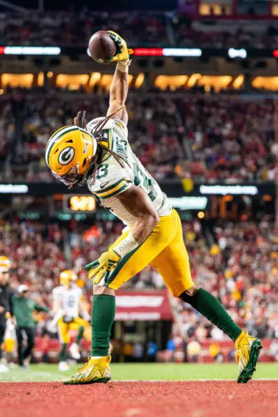 January 20, 2024; Santa Clara, CA, USA; Green Bay Packers running back Aaron Jones (33) celebrates after a two point conversion against the San Francisco 49ers during the third quarter in a 2024 NFC divisional round game at Levi’s Stadium. Mandatory Credit: Kyle Terada-USA TODAY Sports