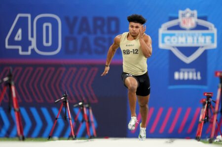 Mar 2, 2024; Indianapolis, IN, USA; Louisville running back Isaac Guerendo (RB12) during the 2024 NFL Combine at Lucas Oil Stadium. Mandatory Credit: Kirby Lee-USA TODAY Sports