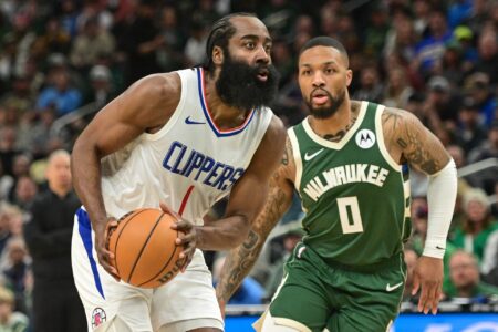 Mar 4, 2024; Milwaukee, Wisconsin, USA; Los Angeles Clippers guard James Harden (1) drives for the basket against Milwaukee Bucks guard Damian Lillard (0) in the first quarter at Fiserv Forum. Mandatory Credit: Benny Sieu-USA TODAY Sports