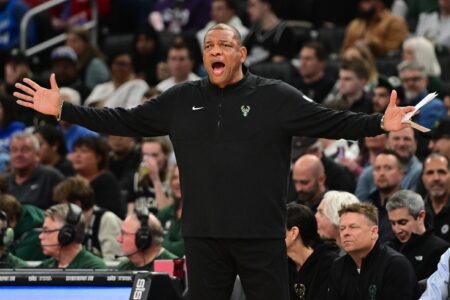 Mar 4, 2024; Milwaukee, Wisconsin, USA; Milwaukee Bucks head coach Doc Rivers reacts in the first quarter against the Los Angeles Clippers at Fiserv Forum. Mandatory Credit: Benny Sieu-USA TODAY Sports