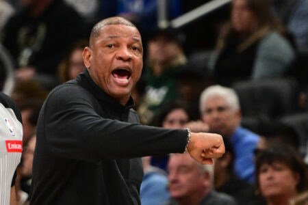 Mar 4, 2024; Milwaukee, Wisconsin, USA; Milwaukee Bucks head coach Doc Rivers reacts in the third quarter against the Los Angeles Clippers at Fiserv Forum. Mandatory Credit: Benny Sieu-USA TODAY Sports