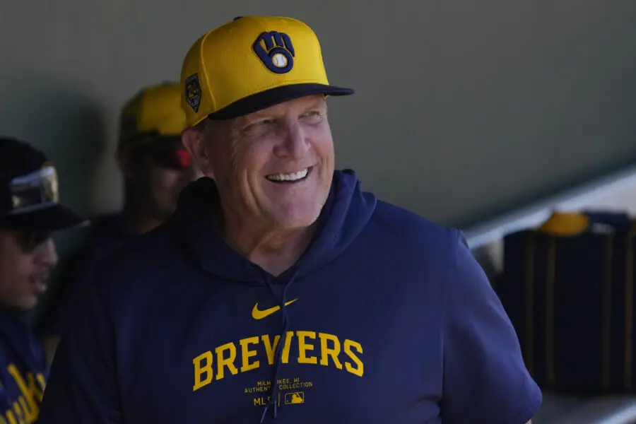 Mar 5, 2024; Scottsdale, Arizona, USA; Milwaukee Brewers manager Pat Murphy gets ready for a game against the San Francisco Giants at Scottsdale Stadium. Mandatory Credit: Rick Scuteri-USA TODAY Sports