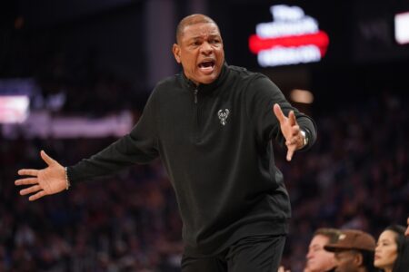 Mar 6, 2024; San Francisco, California, USA; Milwaukee Bucks head coach Doc Rivers reacts to a call during action against the Golden State Warriors in the second quarter at the Chase Center. Mandatory Credit: Cary Edmondson-USA TODAY Sports