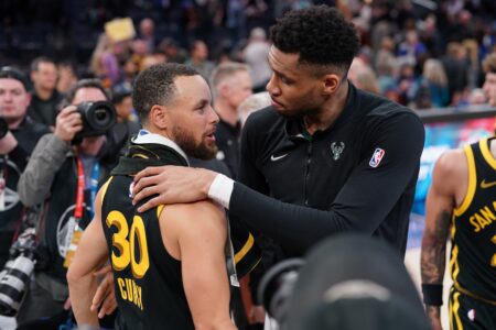 Mar 6, 2024; San Francisco, California, USA; Milwaukee Bucks forward Giannis Antetokounmpo (34) and Golden State Warriors guard Stephen Curry (30) meet after the game at the Chase Center. Mandatory Credit: Cary Edmondson-USA TODAY Sports