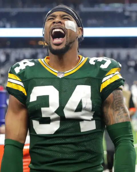Green Bay Packers safety Jonathan Owens (34) following the Packers victory over the Dallas Cowboys during their wild card playoff game Sunday, Jan. 14, 2024, at AT&T Stadium in Arlington, Texas. Green Bay defeated Dallas 48-32. © Wm. Glasheen / USA TODAY NETWORK-Wisconsin / USA TODAY NETWORK