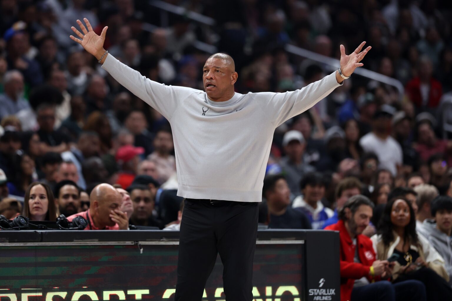 Mar 10, 2024; Los Angeles, California, USA; Milwaukee Bucks head coach Doc Rivers reacts to a call during the first half against the Los Angeles Clippers at Crypto.com Arena. Mandatory Credit: Kiyoshi Mio-USA TODAY Sports