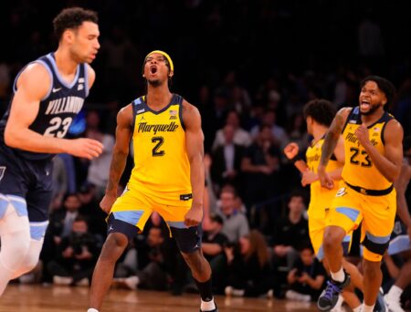 Mar 14, 2024; New York City, NY, USA; Marquette Golden Eagles guard Chase Ross (2) celebrates a shot late in the second half at Madison Square Garden. Mandatory Credit: Robert Deutsch-USA TODAY Sports