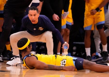 Mar 15, 2024; New York City, NY, USA; Marquette Golden Eagles head coach Shaka Smart cheers guard Chase Ross (2) after a basket during the second half at Madison Square Garden. Mandatory Credit: Robert Deutsch-USA TODAY Sports