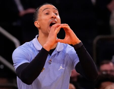 Mar 16, 2024; New York City, NY, USA; Marquette Golden Eagles head coach Shaka Smart against the Connecticut Huskies in the second half at Madison Square Garden. Mandatory Credit: Robert Deutsch-USA TODAY Sports