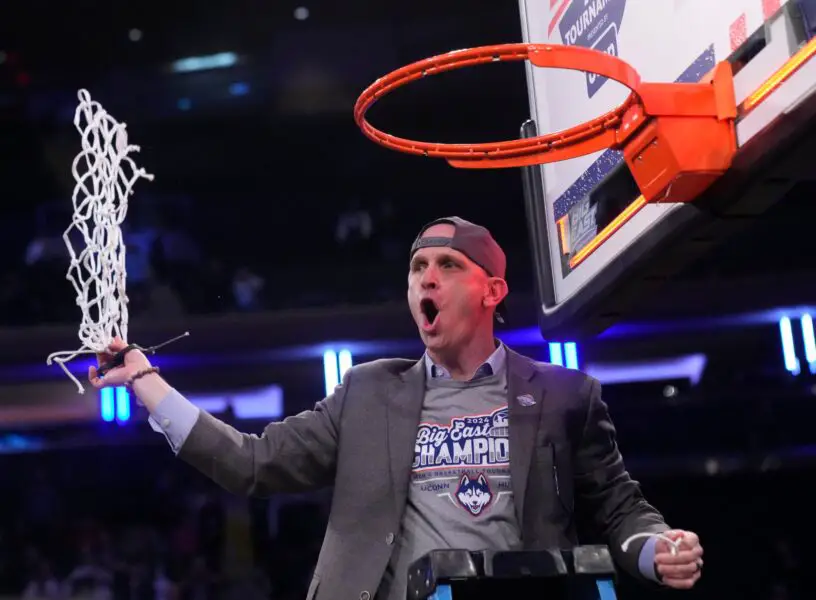 Mar 16, 2024; New York City, NY, USA; Connecticut Huskies head coach Dan Hurley celebrates the win over Marquette Golden Eagles at Madison Square Garden. Mandatory Credit: Robert Deutsch-USA TODAY Sports