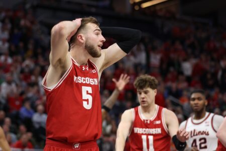 Mar 17, 2024; Minneapolis, MN, USA; Wisconsin Badgers forward Tyler Wahl (5) reacts in the second half against the Illinois Fighting Illini at Target Center. Mandatory Credit: Matt Krohn-USA TODAY Sports