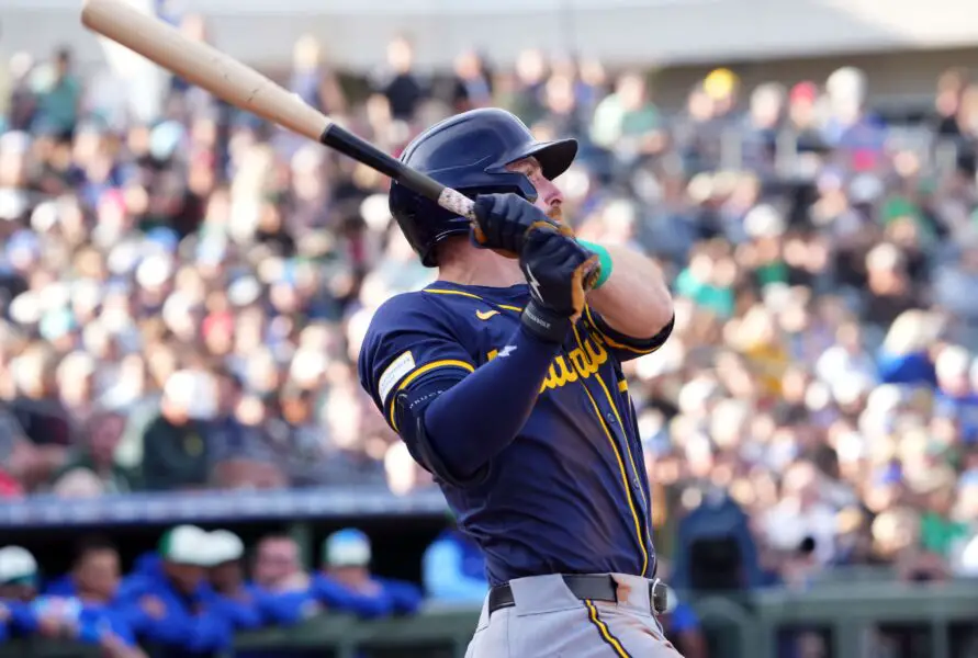 Mar 17, 2024; Surprise, Arizona, USA; Milwaukee Brewers second baseman Oliver Dunn (79) bats against the Kansas City Royals during the second inning at Surprise Stadium. Mandatory Credit: Joe Camporeale-USA TODAY Sports